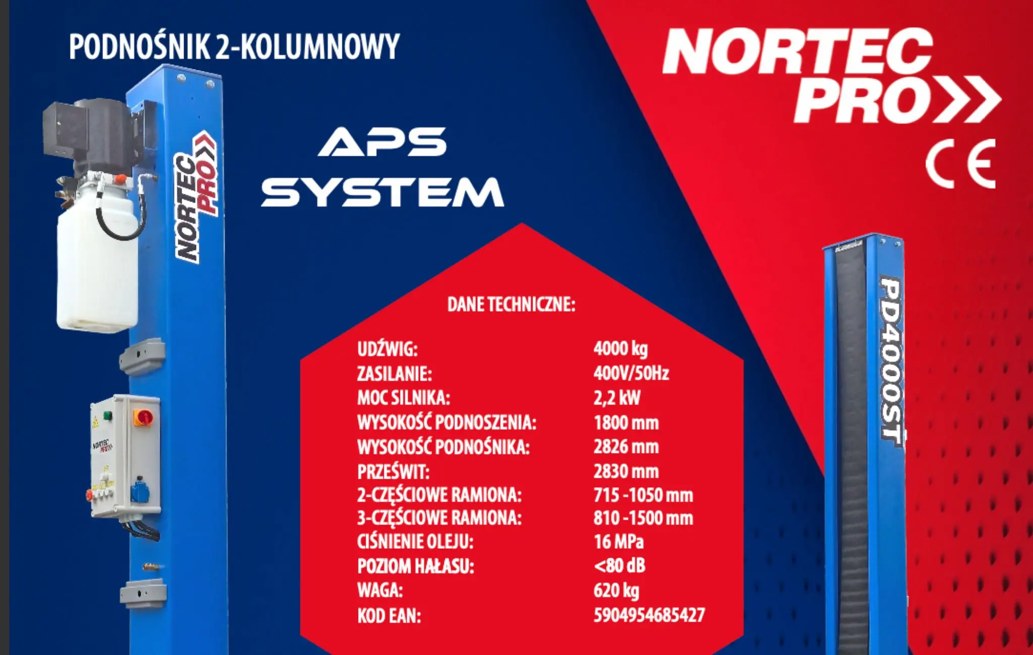 Dane techniczne podnośnika&nbsp;Nortec PD4000ST